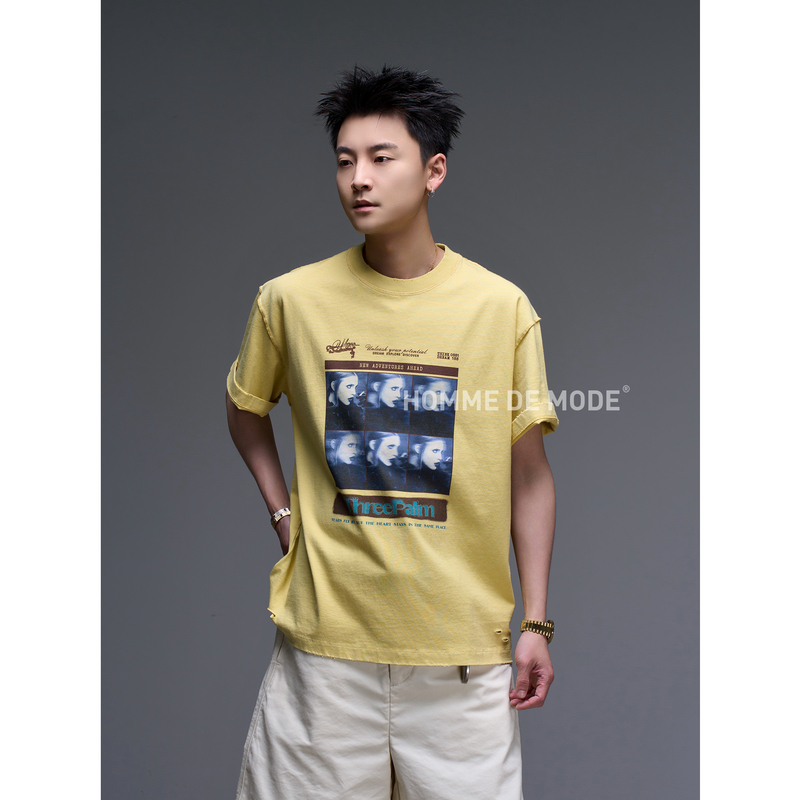 Homme De Mode【Six-Panel Punk Style】Reverse Stitching and Distressed Craftsmanship 290g All-Cotton Short-Sleeve T-Shirt