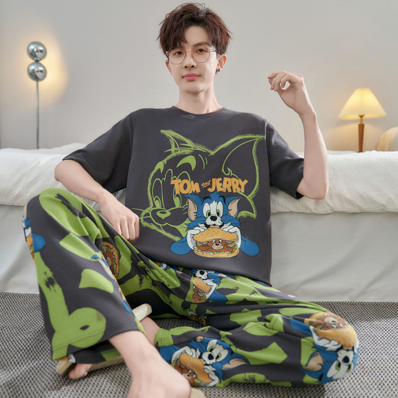 Short-Sleeved Long Pants Pure Cotton Men's Pajamas Summer Anime Cartoon Hamburger Tom Cat Youth Large Size Loungewear Autumn