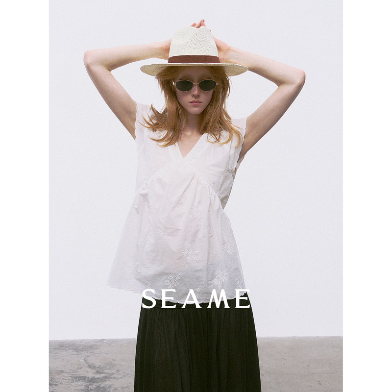Seame Ximi【Pure Narrative】100% Cotton American Sweet Embroidered Lace Shirt V-Neck Babydoll Top Seame Ximi【Pure Narrative】100% Cotton American Sweet Embroidered Lace Shirt V-Neck Babydoll Top