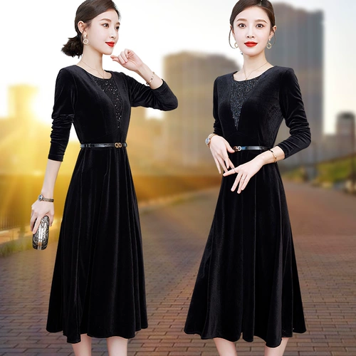 Бархатное длинное весеннее ретро элитное платье для матери, средней длины, городской стиль, яркий броский стиль