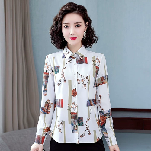Осенняя модная рубашка, шифоновый лонгслив для матери, в западном стиле, шифоновая с принтом