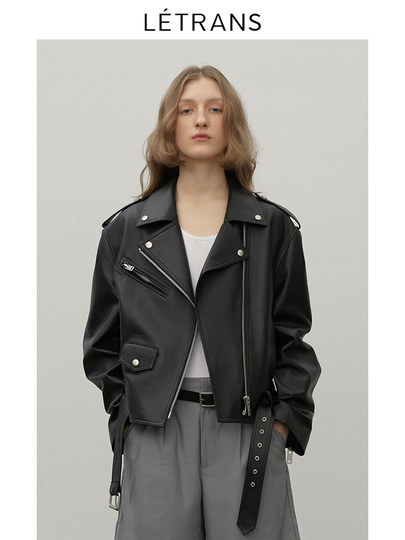 元一letrans紫川 黑色真皮机车皮衣女秋冬新款绵羊皮夹克外套短款