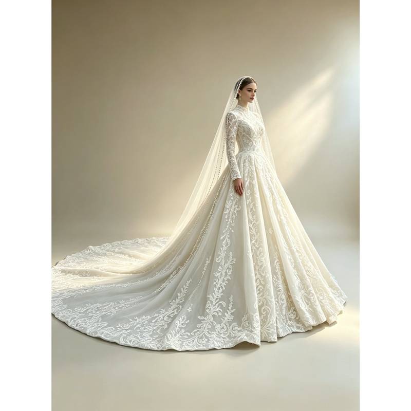 Spanish Brand P's Old Money Style Classic High-Neck Long-Sleeve Limited Edition Lace Buttoned Large Train Wedding Dress Spanish Brand P's Old Money Style Classic High-Neck Long-Sleeve Limited Edition Lace Buttoned Large Train Wedding Dress