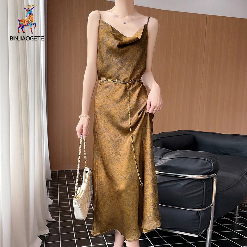 Dangle-Neck Gold-Acetate Satin Slip Dress for Women, Adjustable Crackle-Patterned Xiangyun Silk New Chinese-Style Long Dress
