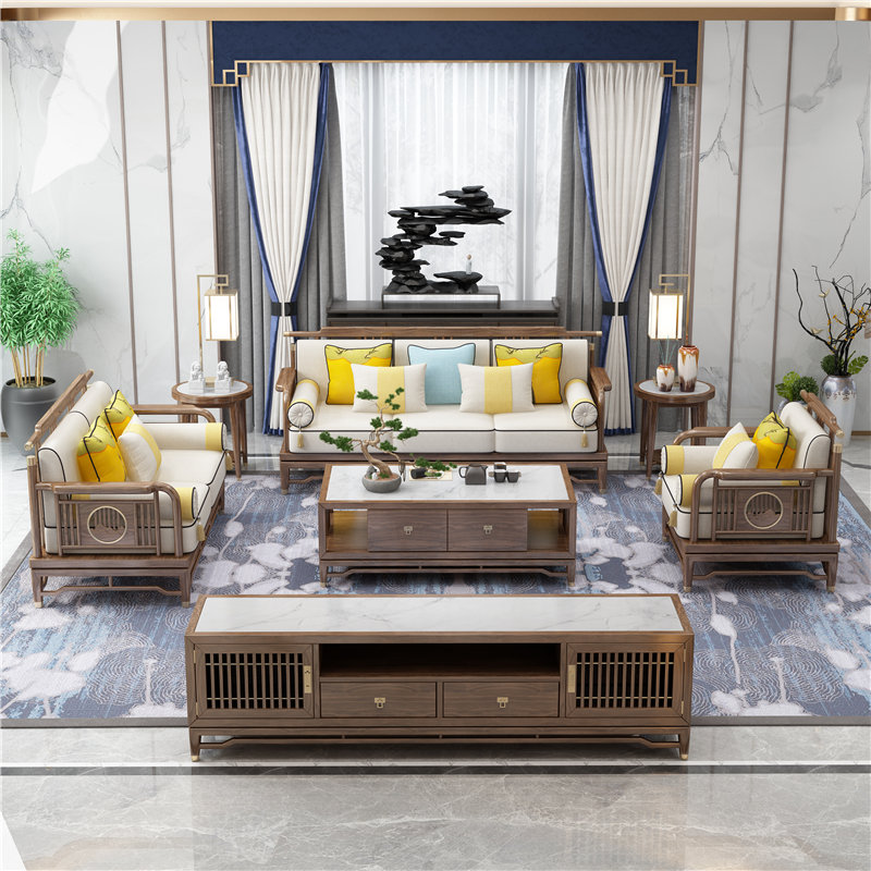 New Chinese all-solid wood household with modern light luxury large household cloth sofa combined with whole-house furniture customized