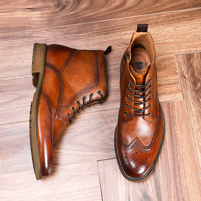 British Style Martin Boots for Men, Short Boots with Laces, Genuine Leather Brogue Carved Design, Handmade Vintage High-Top Leather Boots, Trendy