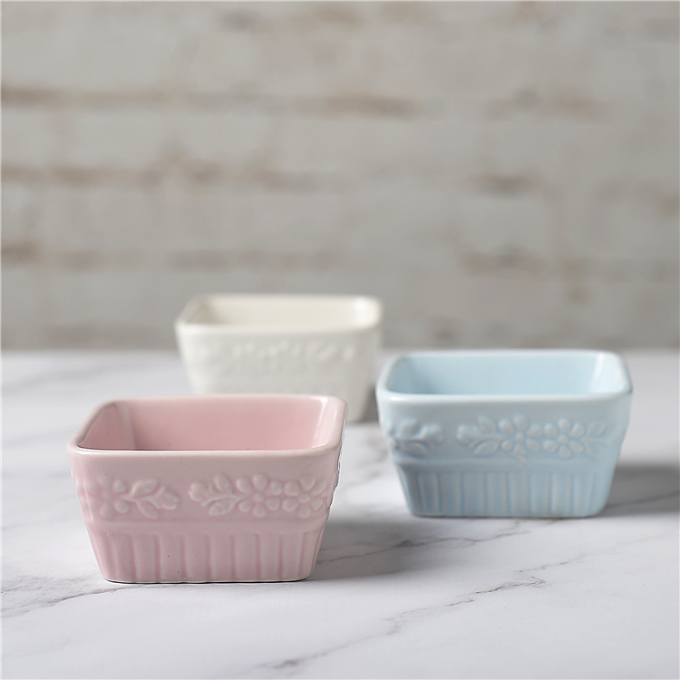 Foreign Trade Ceramic Cutlery Square Relief Colorful Bowls Round Square Zero Food Dish Ice Cream Bowl Kitchen Home