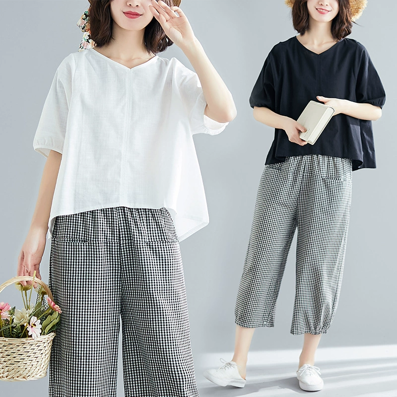 Áo thun cotton và cổ chữ V ngắn 2020 Quần áo mới văn học cộng với size quần áo nữ mỏng và linh hoạt màu cơ bản hàng đầu - Cộng với kích thước quần áo