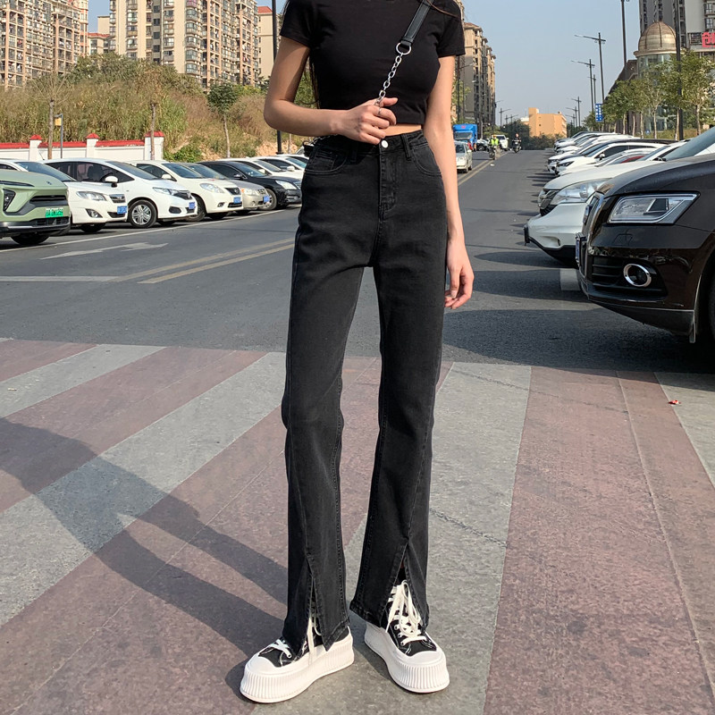 CanaryKiss black open fork jeans female summer dress new straight cylinder loose with high waist display slim and slightly trumpeter pants