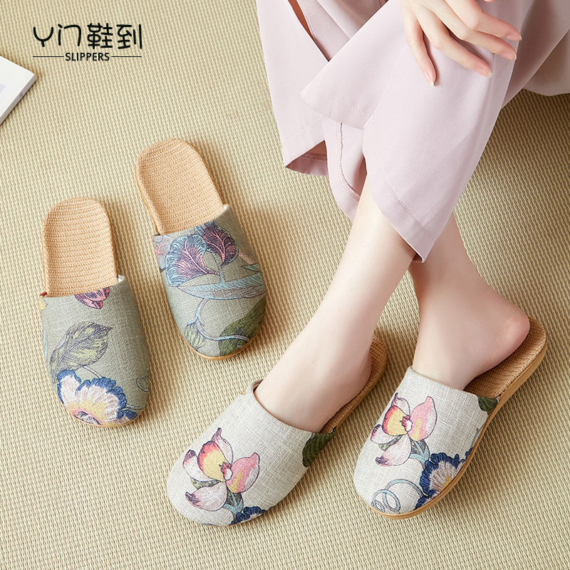 New Style Baotou Summer Linen Slippers for Women, Chinese Style Indoor Home Non-Slip Floor Cotton and Linen Slippers, Ethnic Style Spring