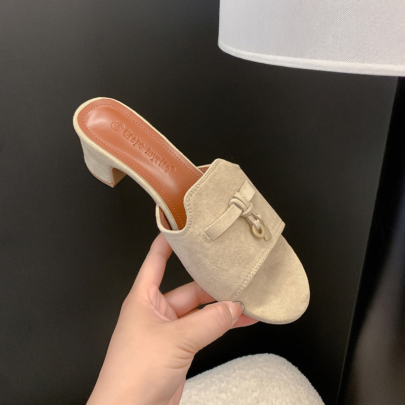 Old Money Style Slippers for Women, Summer Outdoor Wear, 2026 New Model, French-Style Buckle, Slip-On, Chunky Heel, High-Heeled Sandals