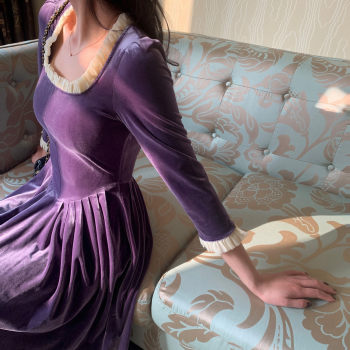 Purple velvet dress autumn and winter court style square collar Hepburn French retro square collar slim mid-length skirt