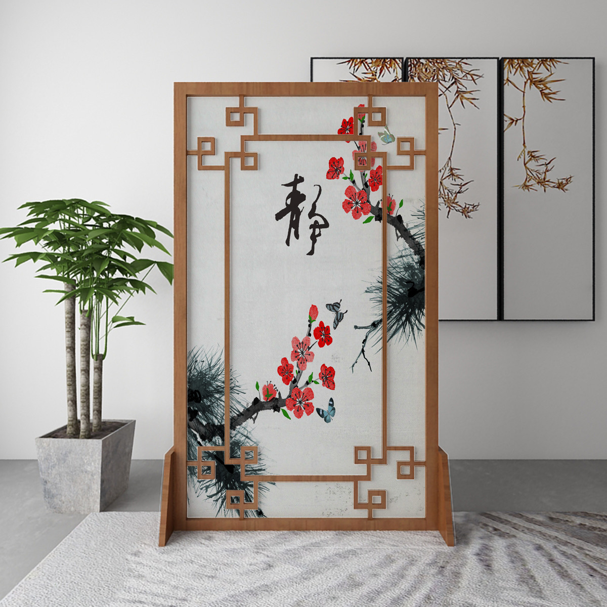 Modern New Chinese Screen Screen Partition Xuanguan Living Room Hotel Solid Wood Decorative Landscape Hollowed-out Character Painting Flower Bird Holder