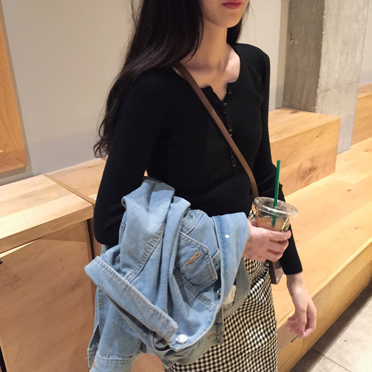 Áo len retro chic nữ tay dài mùa thu 2018 phiên bản Hàn Quốc mới của áo sơ mi kẻ sọc hoang dã Áo sơ mi mỏng mỏng áo cardigan len