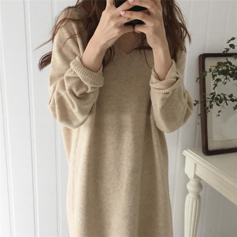 Mùa thu phụ nữ 2018 new chic Hàn Quốc dài tay đan đầm lỏng mỏng V-Cổ áo len dài váy thủy triều váy trắng