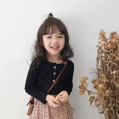 Foreign style Korean girl base shirt autumn new solid color 3 button baby button baby cotton T-shirt long sleeve top tide