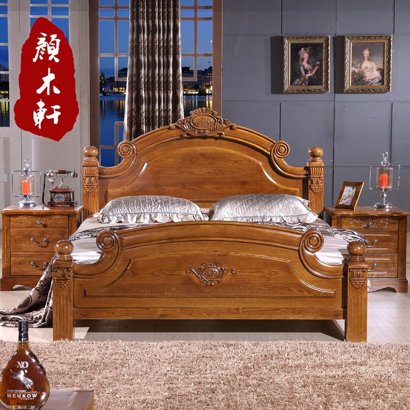 Yan Muxuan Chinese Fraxinus mandshurica solid wood bed retro carved 18 meters double air pressure high box master bedroom furniture wedding bed