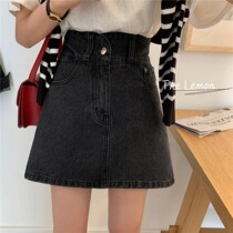 THE LEMON spring and autumn Korean style high waist fashion high feel Joker black denim skirt short A- shaped skirt