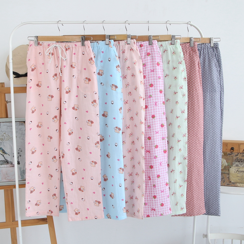 Mùa xuân, mùa hè và mùa thu mới đồ ngủ nữ quần đan Nhật Bản quần cotton nhà cotton đôi gạc quần lỏng baggy nam