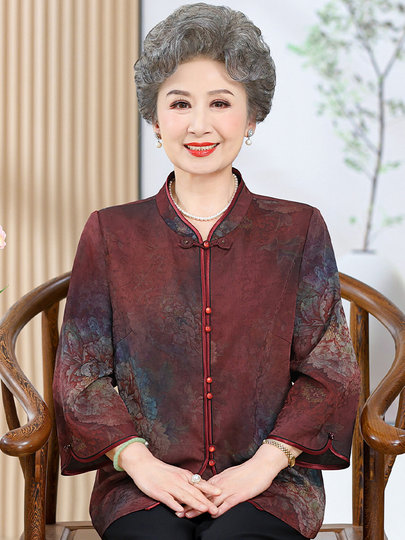 Autumn Clothing for the Elderly, Xiangyun Silk Tops, New Chinese Style Grandma Clothes, Plus Size Women's Clothing, Silk Shirts for 60-Year-Old Mothers
