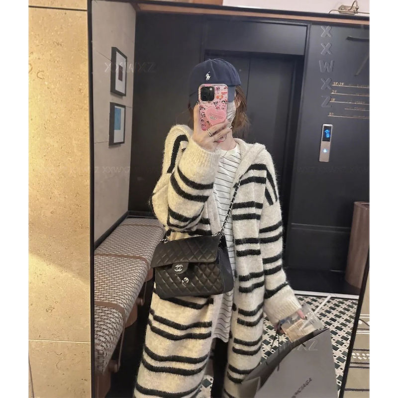 Scottish-Style, Very Attractive Early Spring Outfit, Wool Color-Blocked Striped Hooded Knit Cardigan Sweater, Mid-Length
