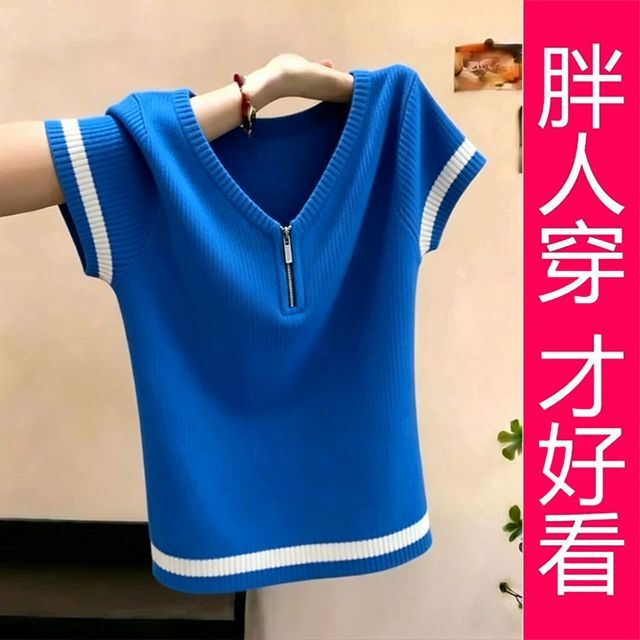 【Plus Size】Klein Blue Ribbed Knit Top for Women, New Summer Style, V-Neck Zipper, Color-Block Short Sleeves 【Plus Size】Klein Blue Ribbed Knit Top for Women, New Summer Style, V-Neck Zipper, Color-Block Short Sleeves