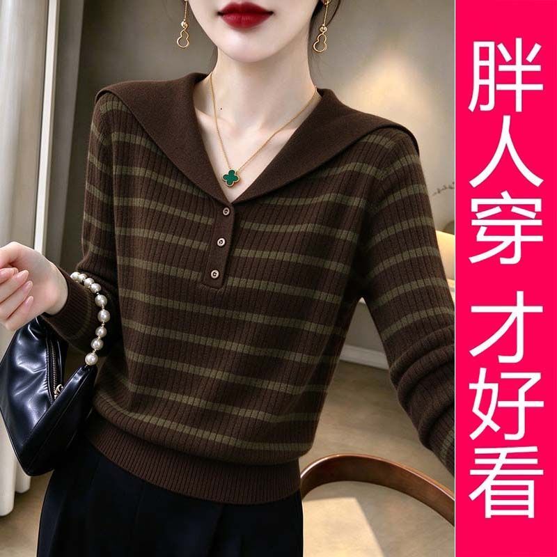 【Plus Size】Vintage Striped Style Navy Collar Knitted Sweater for Women, Long Sleeve Slimming Versatile Button Knitted Sweater 【Plus Size】Vintage Striped Style Navy Collar Knitted Sweater for Women, Long Sleeve Slimming Versatile Button Knitted Sweater