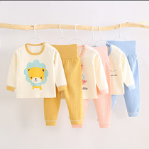 Autumn mens and womens childrens long-sleeved suit combed cotton baby pajamas High waist baby belly pants two-piece cotton