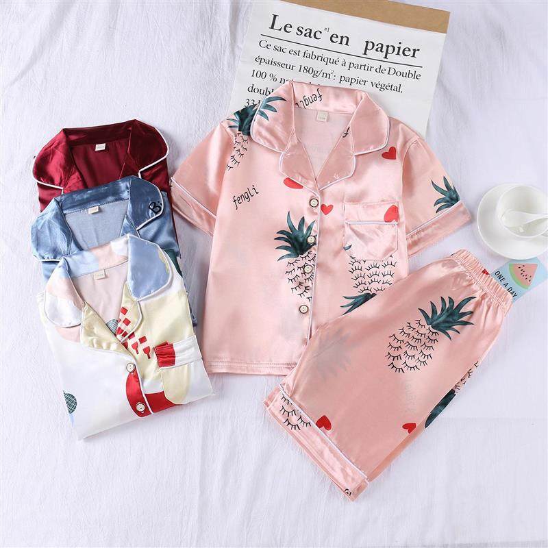 Children's pajamas girls spring and summer long-sleeved imitation ice silk boys' suits boys and girls middle and big children's home clothes summer
