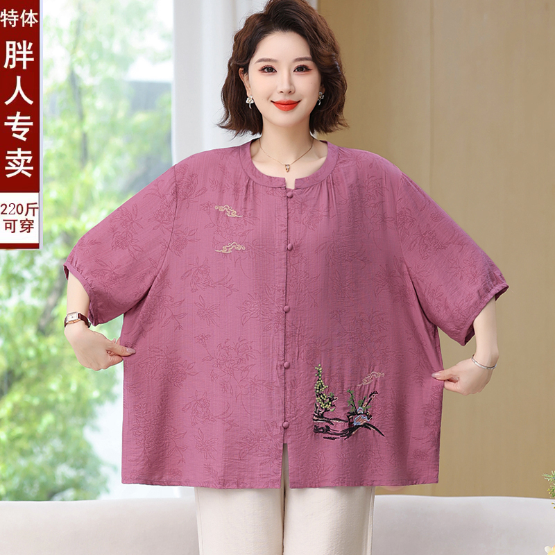 Plus-Size Summer Cotton and Linen Short-Sleeve Shirt for Middle-Aged and Elderly Women, Extra Large Size, Embroidered Shirt, Loose Fit, Covers the Body