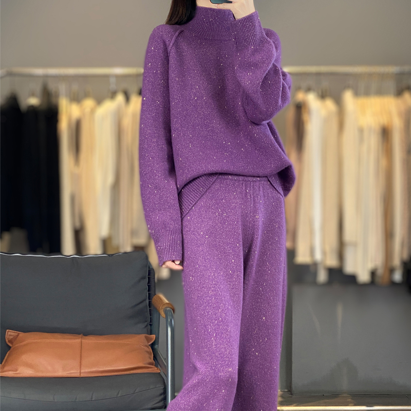 Trendy Purple All-Wool Half-Turtleneck Knit Sweater Set for Women with Straight Wide-Leg Pants Two-Piece Set for Autumn and Winter