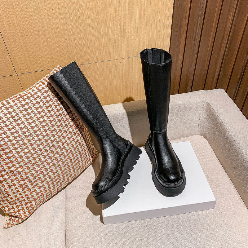 ZA thick bottom medium-high cylinder Martin boots female spring autumn single boot Inn wind small sub long cylinder boots slim but knee-length boots