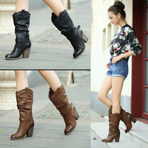 2021 Winter New Round Head Coarse Heel Middle Cylinder Boot High Heel Mid Boot Plus Suede Thick Bottom Rider Martin Boots Big Code Long Boots