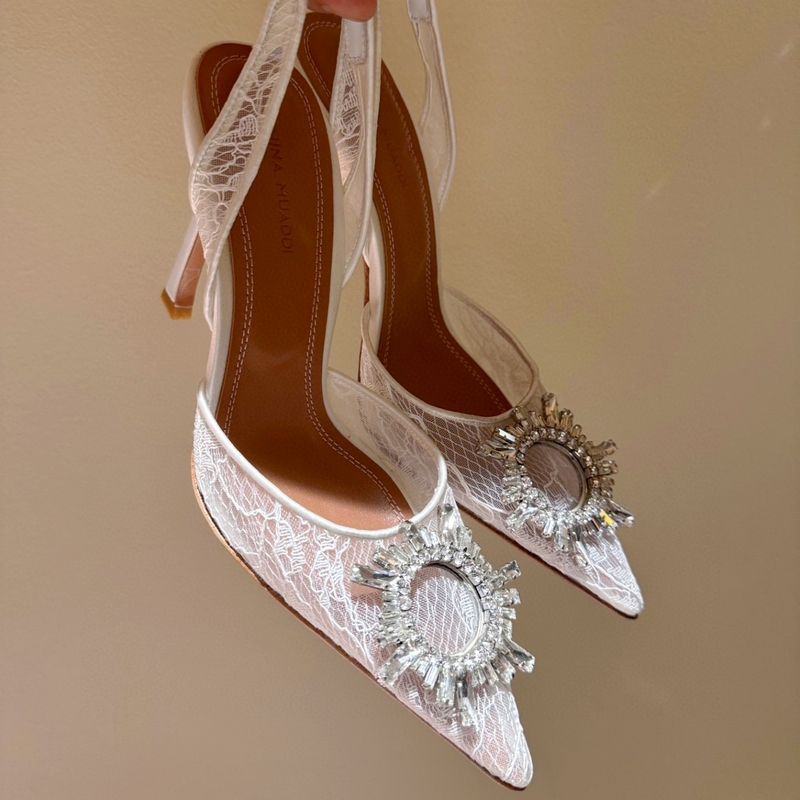 Amina Muaddi Lace Sunflower Rhinestone High Heels Bow Bridal Wine Glass Heel Banquet Women's Sandals Amina Muaddi Lace Sunflower Rhinestone High Heels Bow Bridal Wine Glass Heel Banquet Women's Sandals