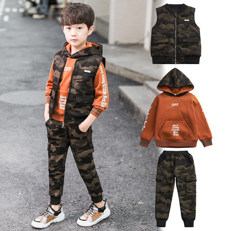 Boys autumn suit 2019 new children's suit large boys winter camouflage plus velvet padded Korean tide clothes