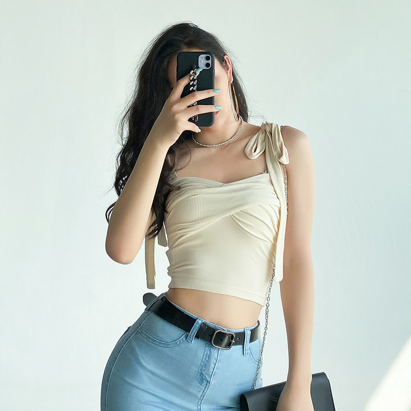 Sexy sashimi slim short Dew Umbilical Bow Tie Small Harnesses Chest front Folds Blouse External Wearing undercoat female summer