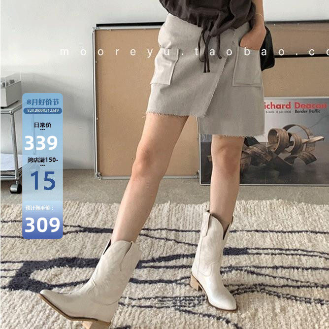 Mooreyu Korea East Gate 2023 Women's Shoes Embroidery Pointed Coarse Heel Short Boots Female Personality Cowboy Boots Tide