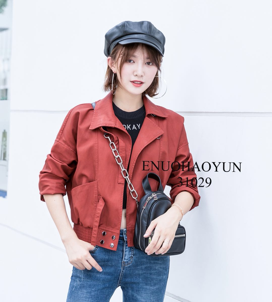 好 韵 正品 PU rửa da chà 2018 31029 bộ đồ cổ áo ngắn áo da bò