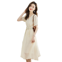 Hong Kong style V-neck waist slimming dress for women 2024 summer new slim-fitting and age-reducing mid-length skirt