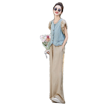 New Chinese-style wide-leg pants suit for women 2024 summer new high-end temperament covering the flesh and slimming denim two-piece set to reduce age