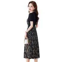 Small black dress for women summer 2024 new fake two-piece printed waist slimming a-line skirt