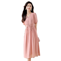 Chiffon dress 2024 womens summer new style acetate silky waist slimming V-neck temperament puff sleeves A-line skirt for women