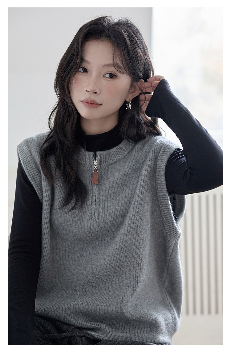 회색 니트 조끼 여자 2026 봄 가을 새로운 작은 대중 다용도 스택 착용 민소매 스웨터 조끼 상세 이미지 1