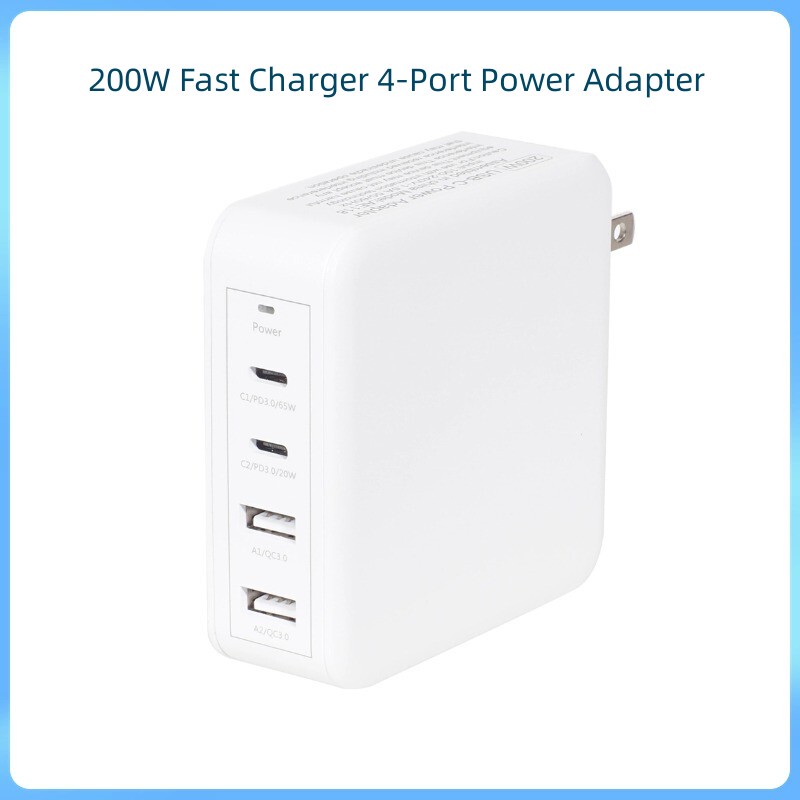 200W USB C Fast Charger 4-Port Power Adapter Suitable for MacBook Pro Computers and Mobile Phones