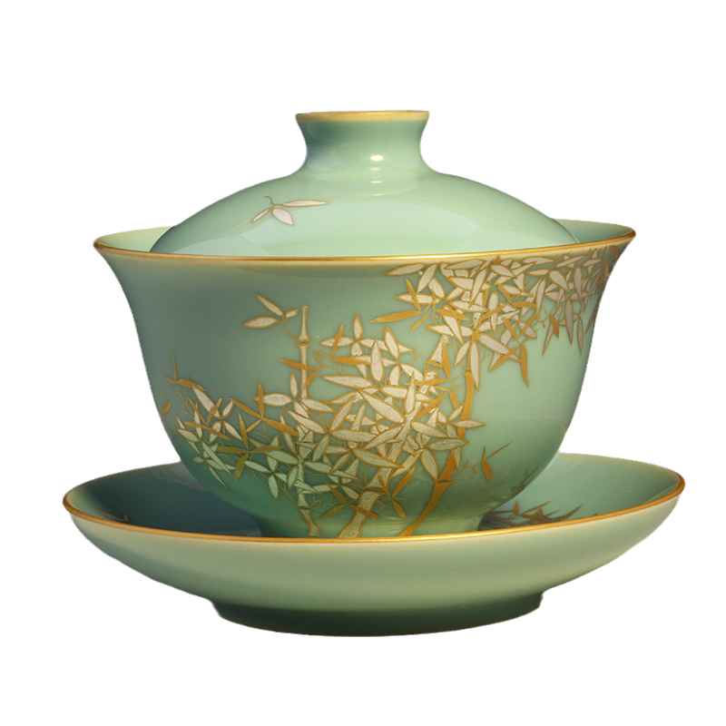 Taiwan Self-Slow Hall Hand-painted Green Porcelain Bamboo Forest Medium Cover Bowl Gold Silver Color Cover Cup Tea Dauf Tea Lid Bowl ceramic tea set