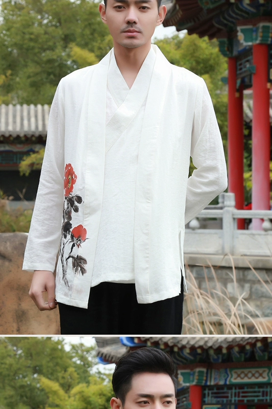 Áo xuân nam Hanfu áo sơ mi nam áo gió Trung Quốc thanh niên Trung Quốc nằm thiền phục vụ trà quốc phục - Trang phục dân tộc