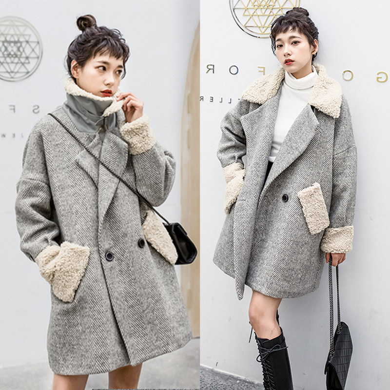 Maternity winter coat woolen women's autumn 2019 new winter thickened plus velvet medium-length lamb quilted woolen coat