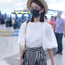 Star Same-style Doll Sweatshirt Pure Cotton Loose White Bubble Sleeve Shirt Woman Round Collar Short Sleeve Blouse Womens Summer Thin