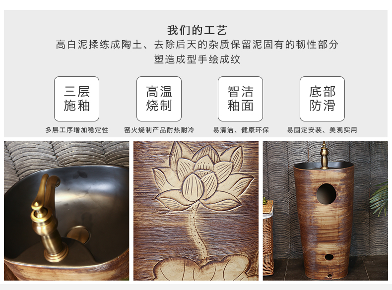 Carved retro ceramic column type lavatory sink basin one floor is suing balcony column basin