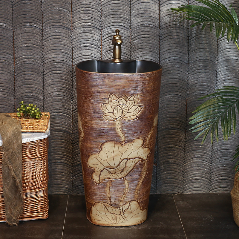 Carved retro ceramic column type lavatory sink basin one floor is suing balcony column basin